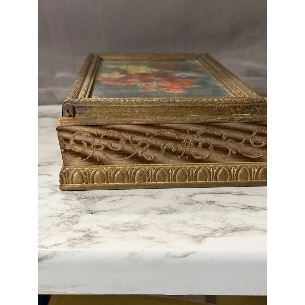 Really Old Wooden Jewelry Box With Mirror Floral Glass Top (A3195)